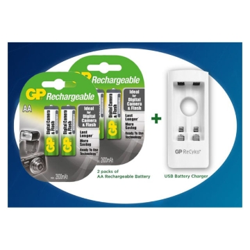 Show details for GP 2 Packs of AA Rechargeable Battery and USB Battery Charger, GPBATCHAR0521 Picture of GP 2 Packs of AA Rechargeable Battery and USB Battery Charger, GPBATCHAR0521