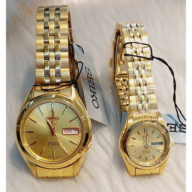 Seiko 5 Classic Gold Dial Couple's Gold Plated Stainless Steel Watch Set 