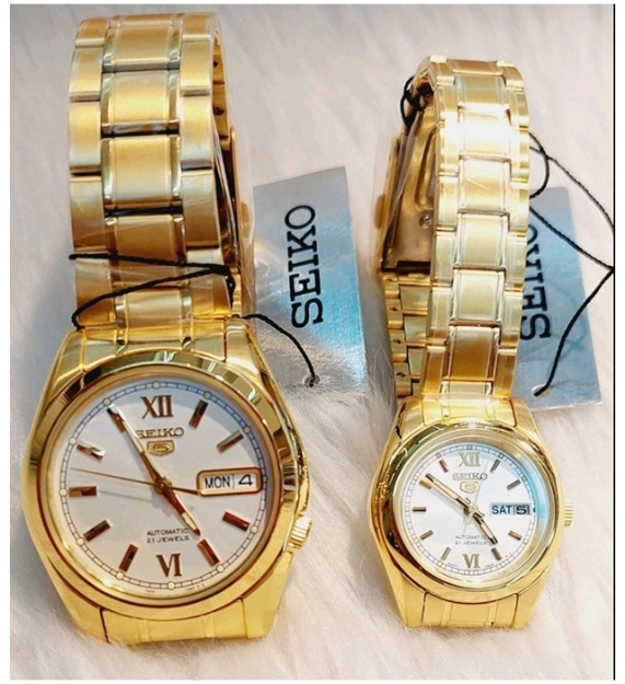 Seiko 5 Gold Tone Automatic Watch Couple Set Watch Silver Dial Brand New