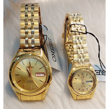 Show details for Seiko 5 Classic Gold Dial Couple's Gold Plated Stainless Steel Watch Set , SNKL28J1 / SYMK20J1 Seiko 5 Classic Gold Dial Couple's Gold Plated Stainless Steel Watch Set