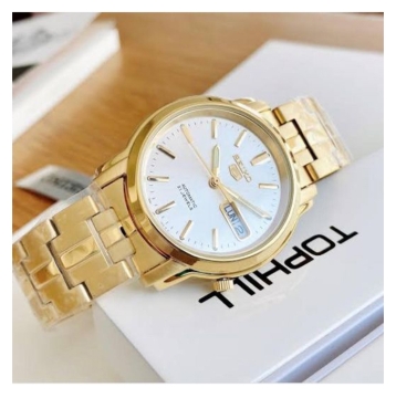 Show details for Seiko 5 Gold Tone Automatic Watch Dress Watch Silver Dial Brand New, SNKK74K1 Seiko 5 Gold Tone Automatic Watch Dress Watch Silver Dial Brand New