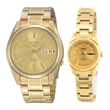 Show details for Seiko 5 Classic Gold Dial Couple's Gold Plated Stainless Steel Watch Set , SNKL48K1/SYMK20 Seiko 5 Classic Gold Dial Couple's Gold Plated Stainless Steel Watch Set